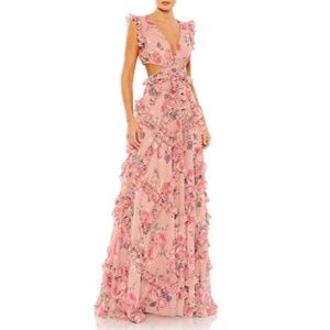Mac Duggal Ruffled Cut Out Cap Sleeve V Neck Gown
